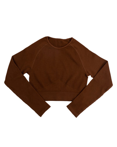 Brown Ripped Long Sleeve Seamless Top