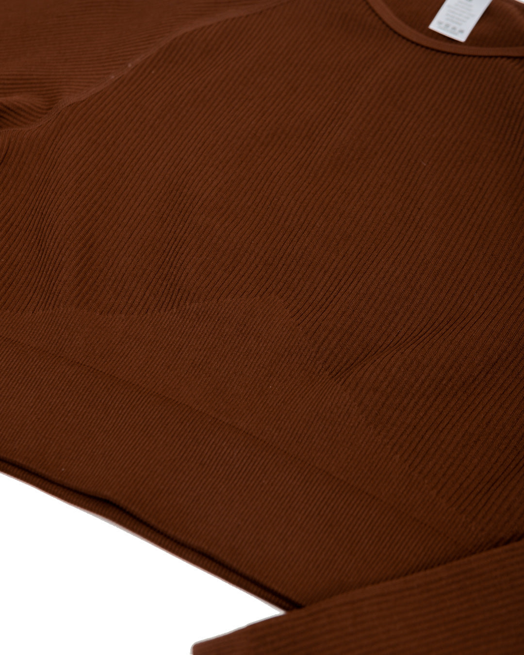 Brown Ripped Long Sleeve Seamless Top